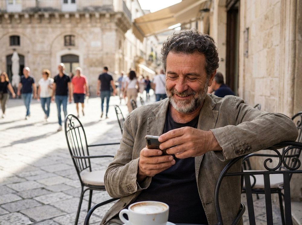 Un mystery client guarda soddisfatto il telefono seduto al bar
