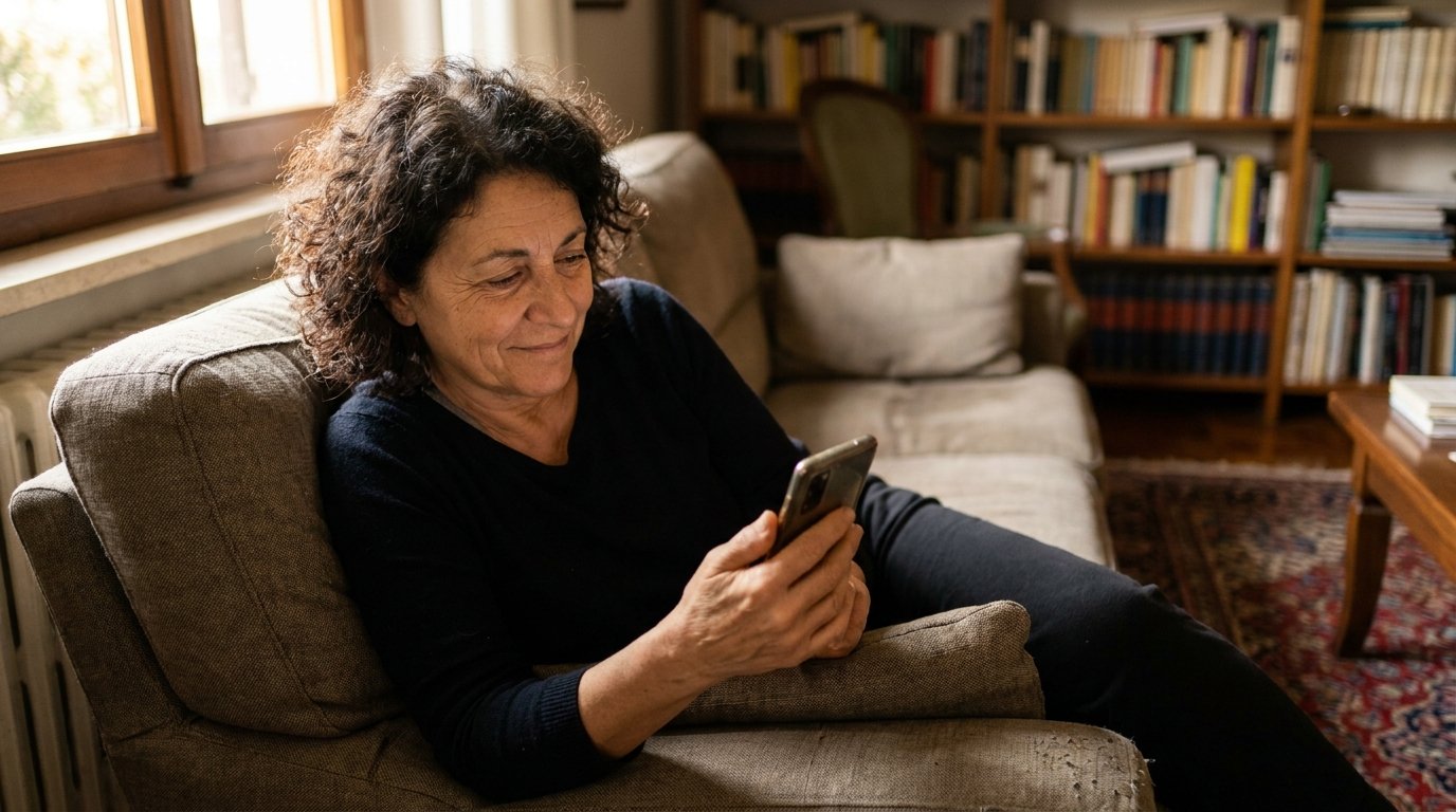 Una persona legge le risposte sul telefono, seduta sul divano