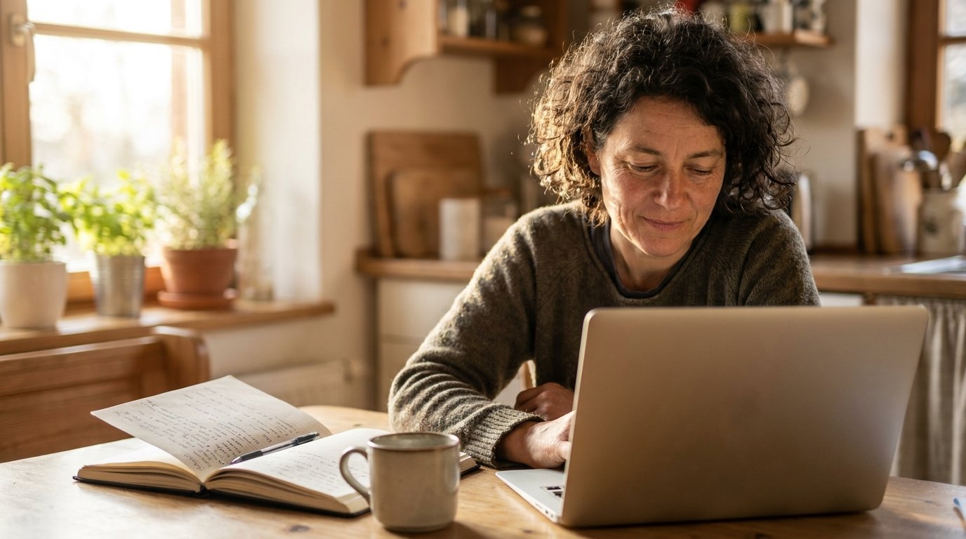 Una persona studia il corso base al tavolo di casa