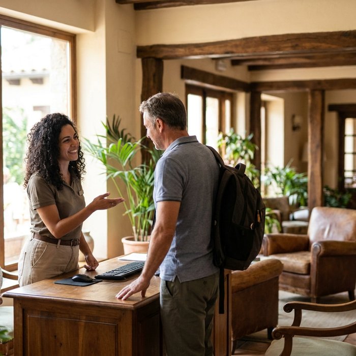 Reception di un hotel con un ospite al check-in