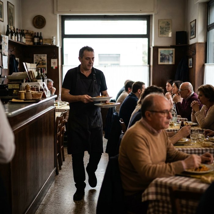 Sala di una trattoria durante il servizio